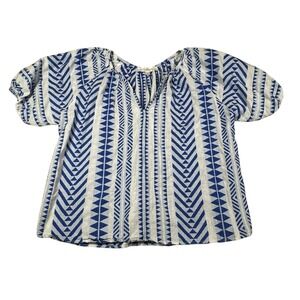 Chelsea & Theodore Top‎ L Size M Blue White Cotton V-Neck Puff Sleeve Pullover